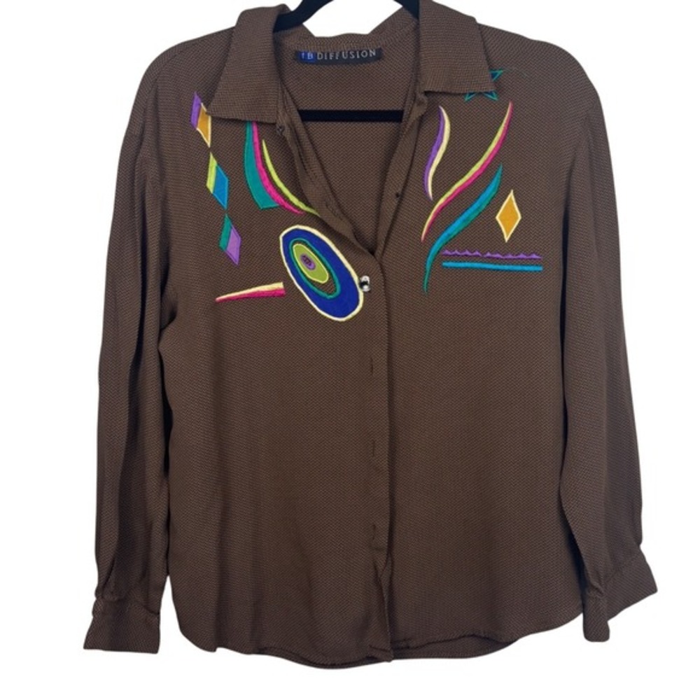 Vintage Eclectic Brown‎ Geometric Print Button Down Shirt Women's Long Sleeve
